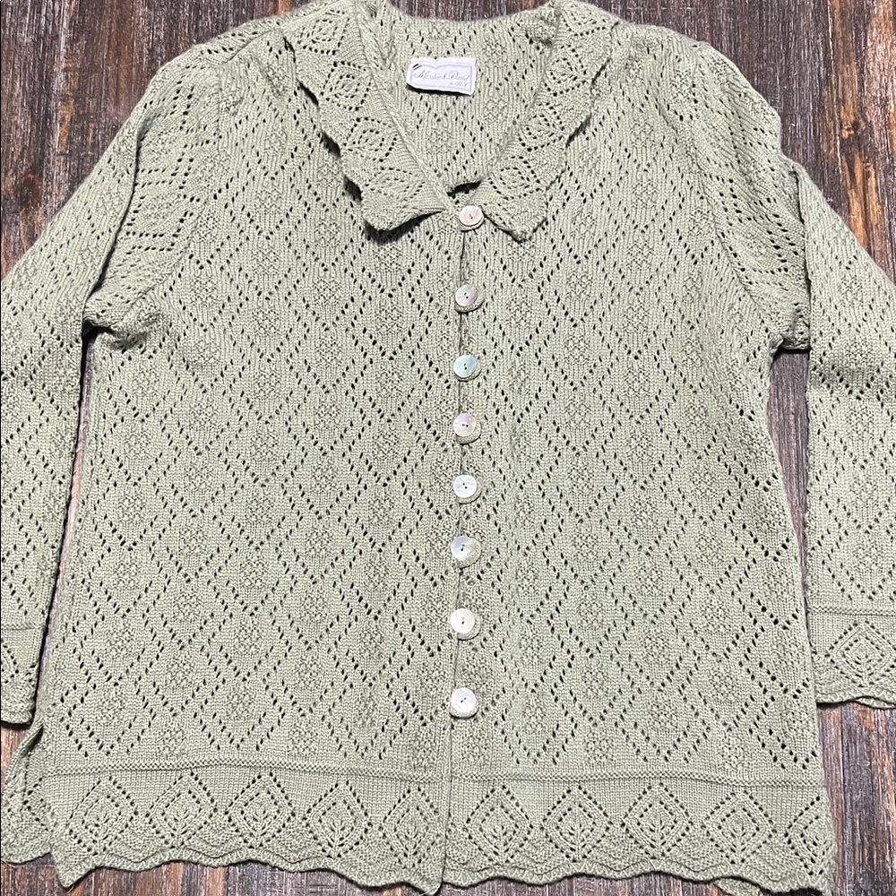 Vintage Green Knit Cardigan with Button Front Cottage-core